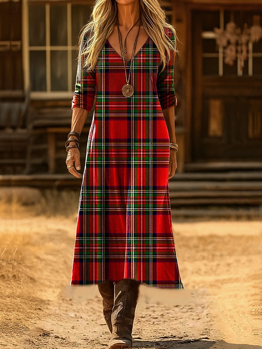 Women's Maxi Dress T Shirt Dress Tee Dress A Line Dress Vacation Casual Boho Going out Regular Fit Graphic Geometric Plaid Long Sleeve V Neck Blue Red Spring Fall Winter 2026 - $41.99 –P2