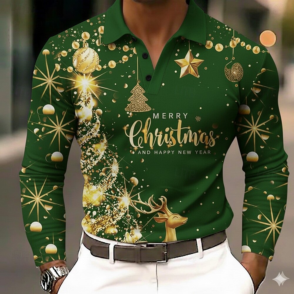 Kerstmis Voor heren Eland Kerstboom Polo Lange mouw Poloshirt Revers Casual Buiten Feestdagen Alledaagse kleding Festivaloutfit 3D-afdrukken Knop Lente Herfst Winter Zwart Rood Groen 2026 - $23.99 –P3