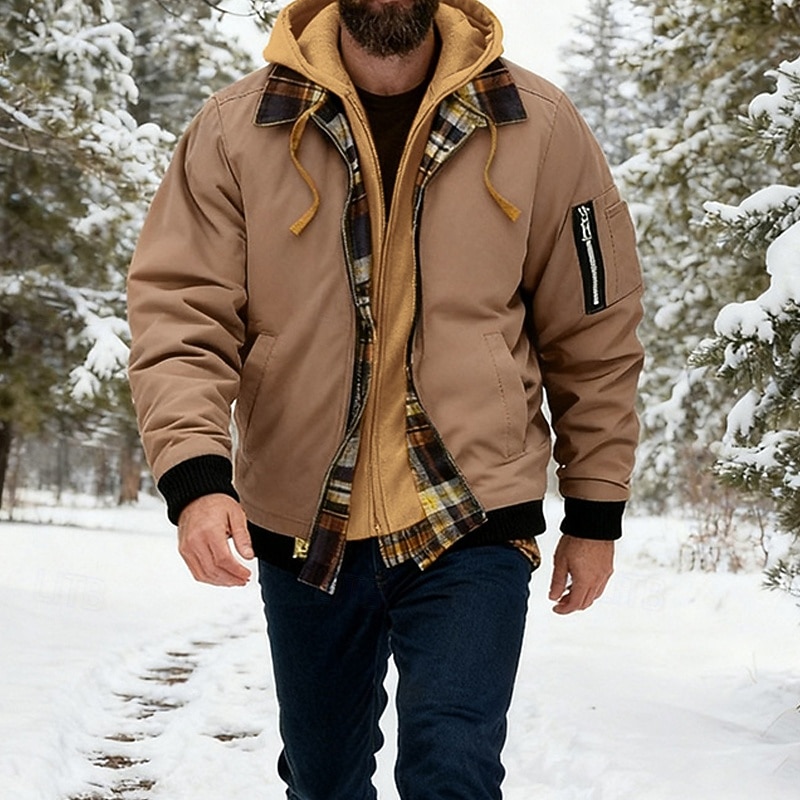 Men's Winter Jacket Casual Jacket Hoodied Jacket Outdoor Casual Pocket Quilted Winter Fall & Winter Color Block Streetwear Daily Hooded Regular Black Burgundy Navy Blue Khaki Army Green Jacket 2026 - $53.99 –P1