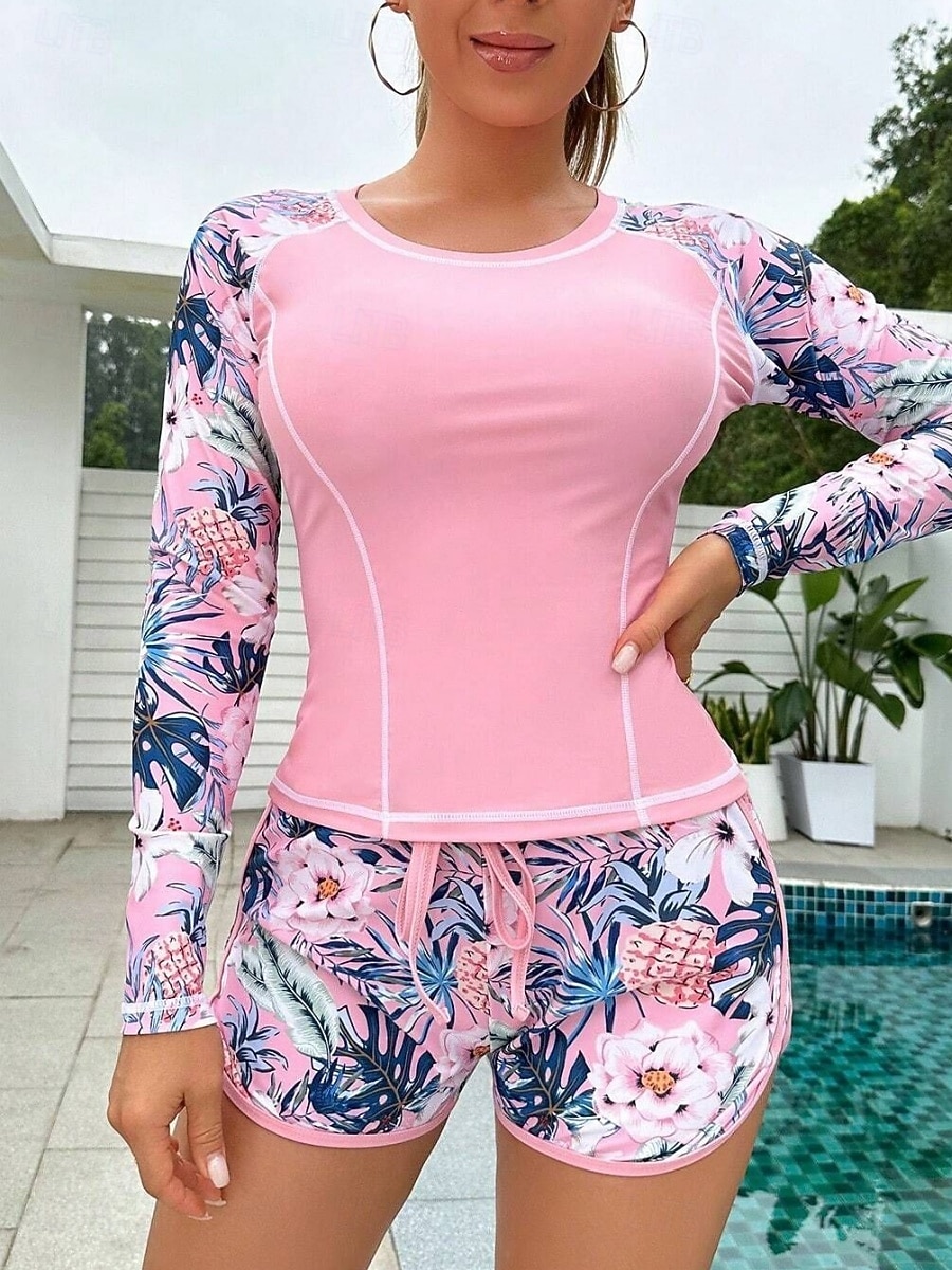 Costume da bagno 2 pezzi tankini da donna con palme pantaloni corti controllo della pancia alta vita slim senza schienale per vacanze in spiaggia floreale scollo rotondo maniche lunghe del 2026 a $27.99 –P3