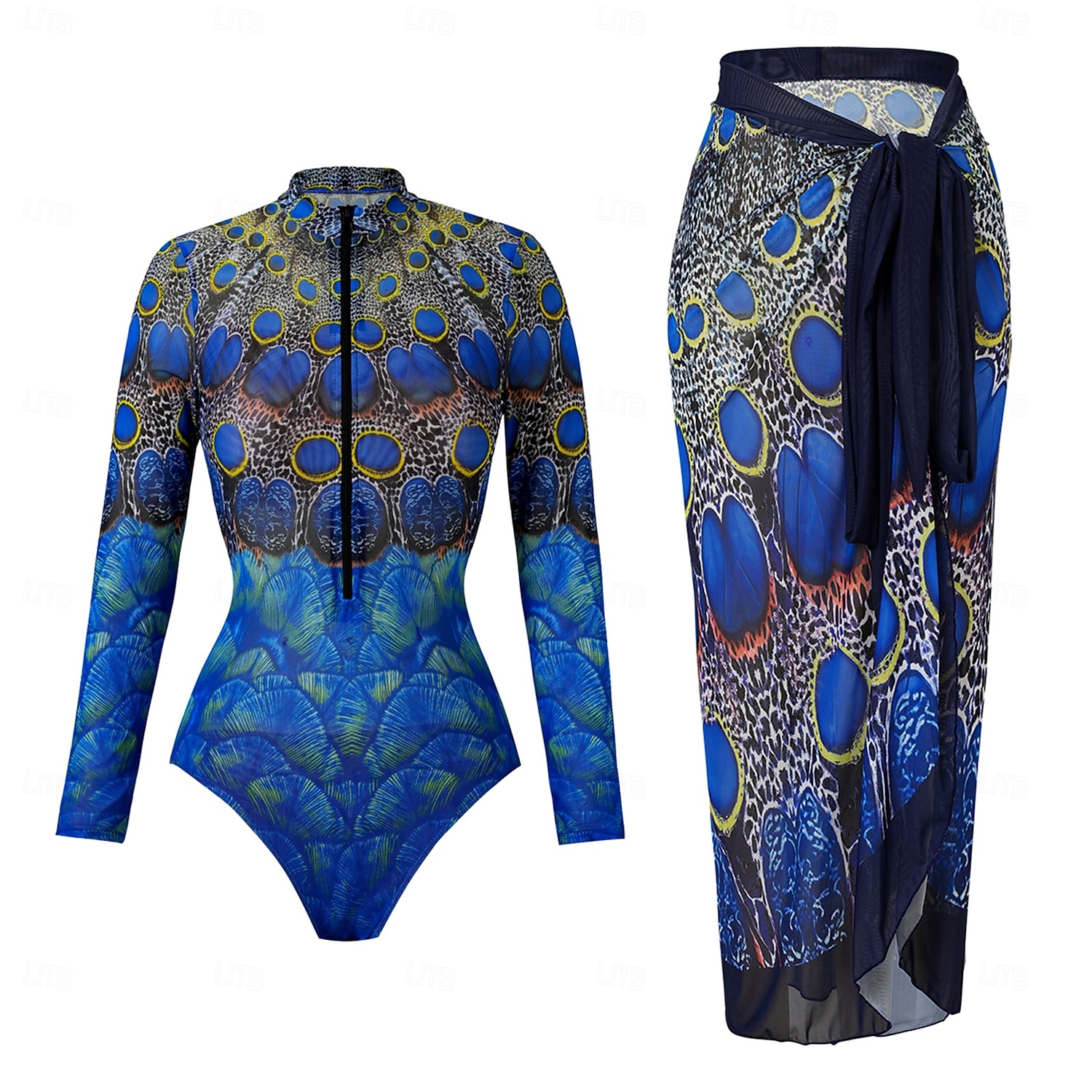 Maillot de bain femme une pièce amincissant avec jupe boho monokini jupe contrôle du ventre taille haute slim sans dos vêtements de plage de vacances graphique colorblock col rond manches longues de 2026 ? $51.99 –P2