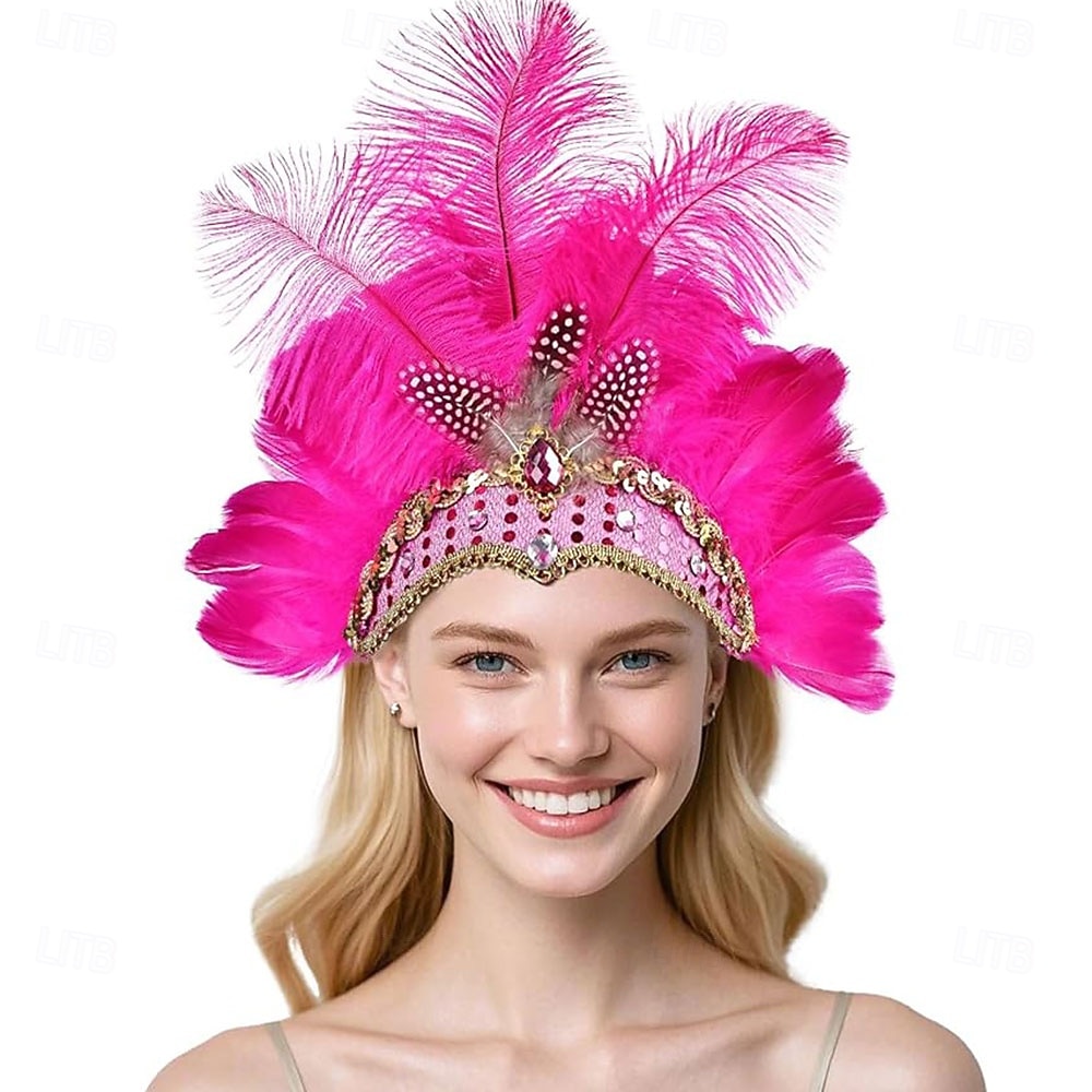 Carnival 2026 Rio Carnival Samba Accessories Hot Pink Ostrich Feather Headdress for Women - Sequin Rhinestone Headpiece - Carnival Showgirl Mardi Gras Costume Brazil Festival Performance Costume 2026 - $15.49 –P2