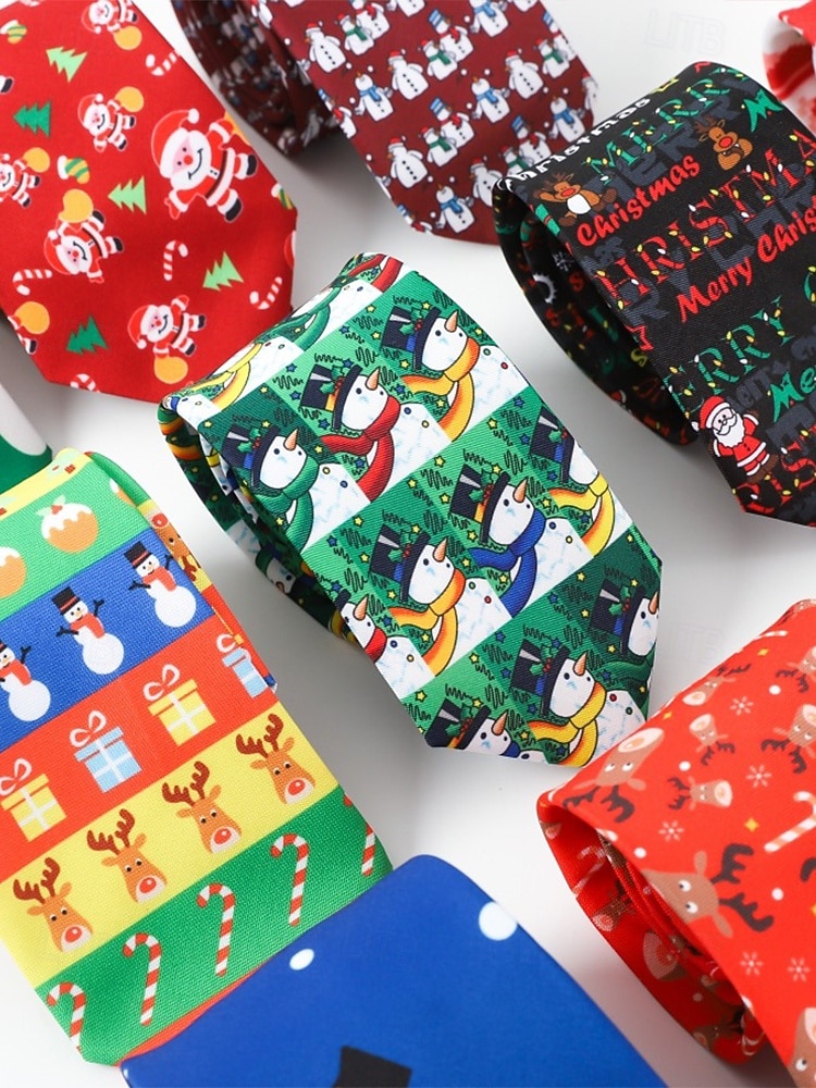 Weihnachtskrawatte für Herren aus Polyester mit Weihnachtsmann-, Schneemann- und weihnachtlichen Motiven – festliche, verstellbare Fliege für Weihnachtsfeiern und festliche Anlässe 2026 - $11.99 –P5