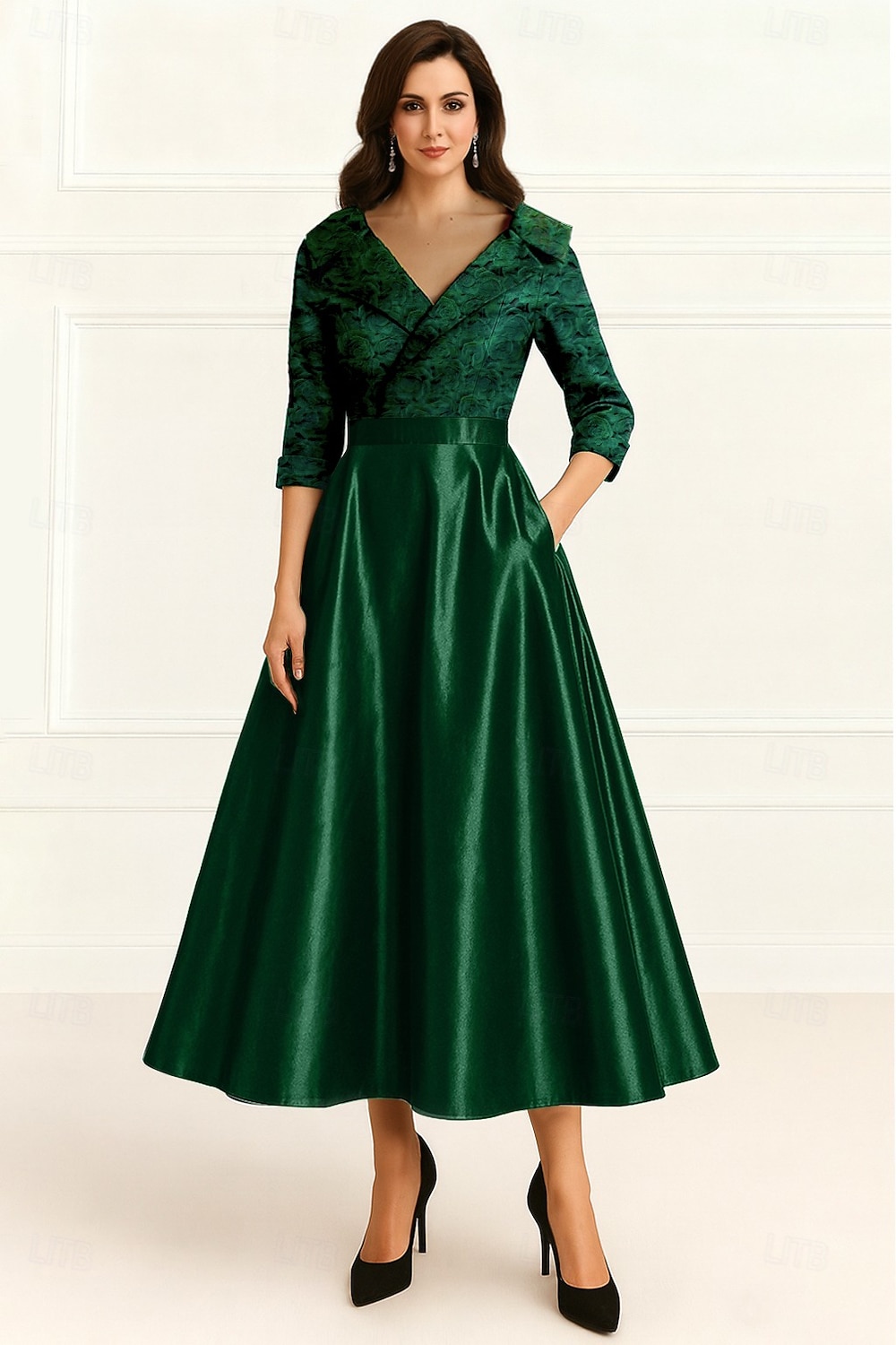 A-Line Tea Length Party Dress Cocktail Dress Wedding Guest Dress Mother of the Bride Dress 3/4 Length Sleeve V Neck Elegant Formal Wedding Guest with Side-Draped 2026 - $165.59 –P1
