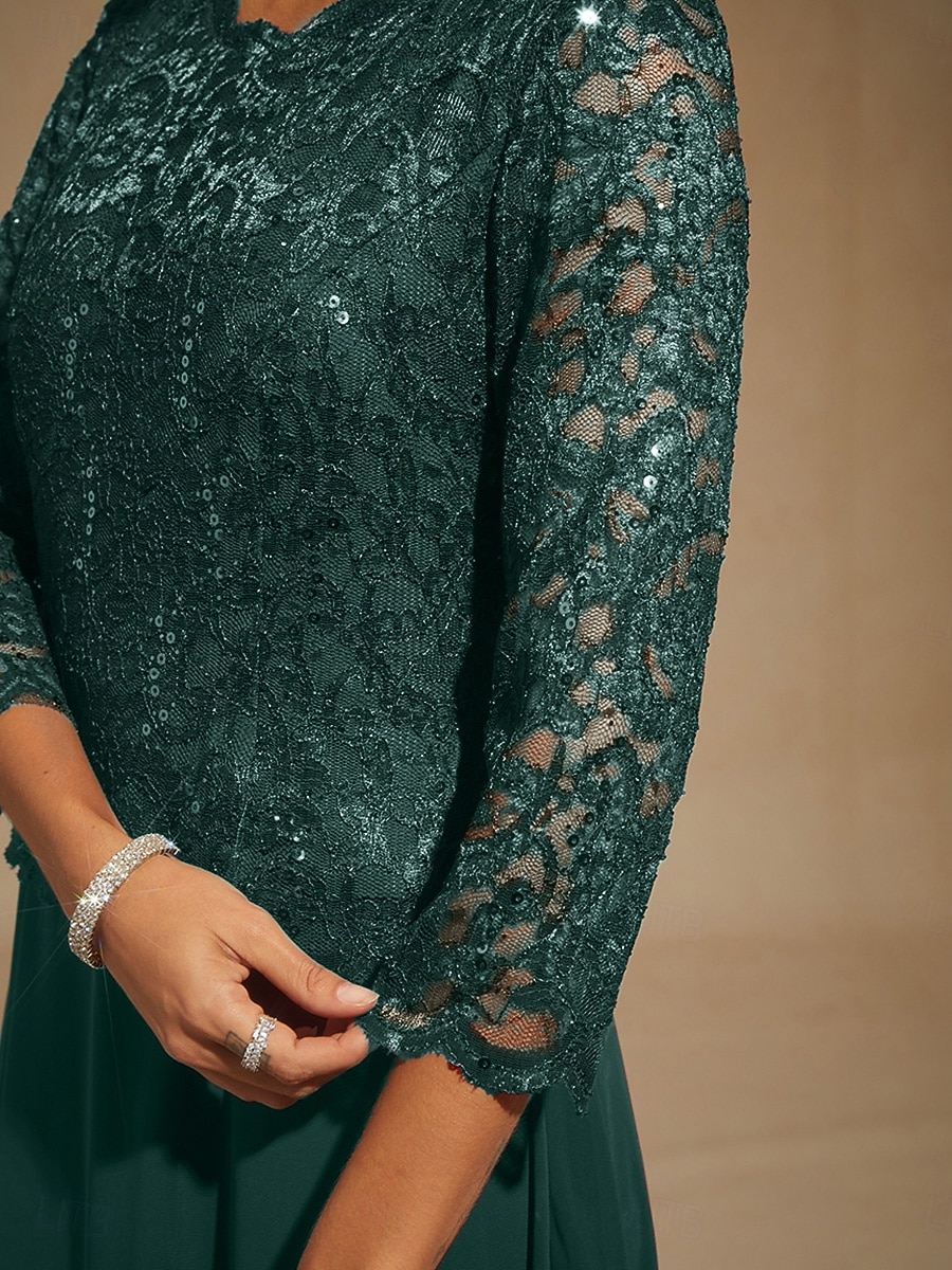 Women's Maxi Dress Chiffon Dress Elegant Evening Party Wedding Guest Sequins Lace Regular Fit Solid Color 3/4 Length Sleeve Crew Neck Emerald Green 2026 - $91.99 –P2