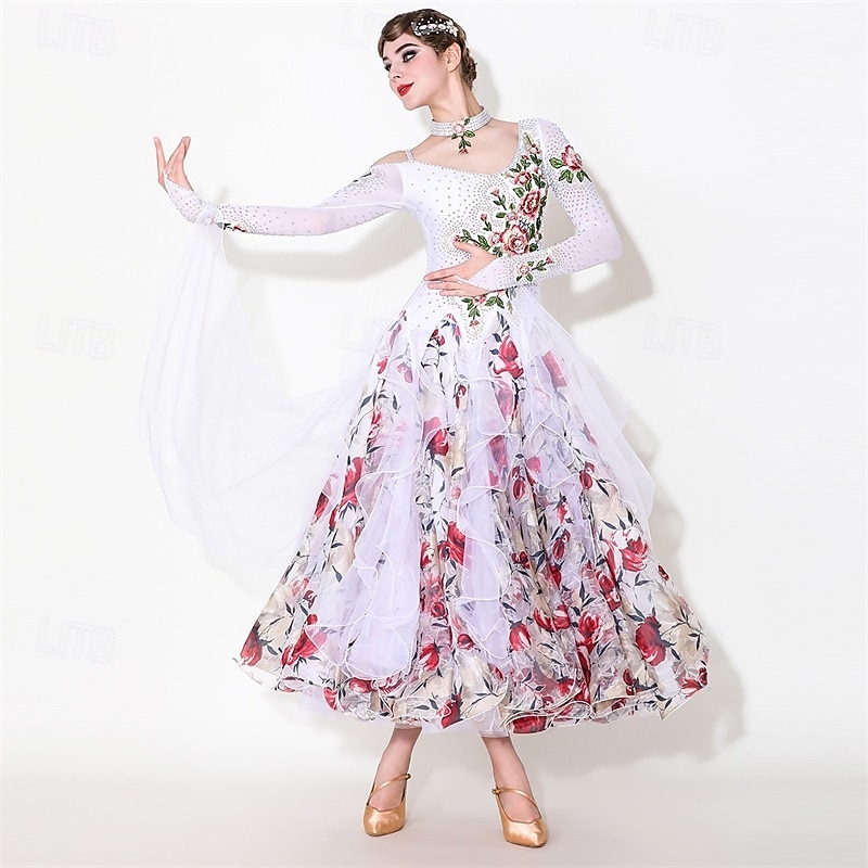 Vestido feminino para competição de dança de salão latina - estampa floral romântica &vestido de dança moderna com saia de babados de 2026 por $378.29 –P5