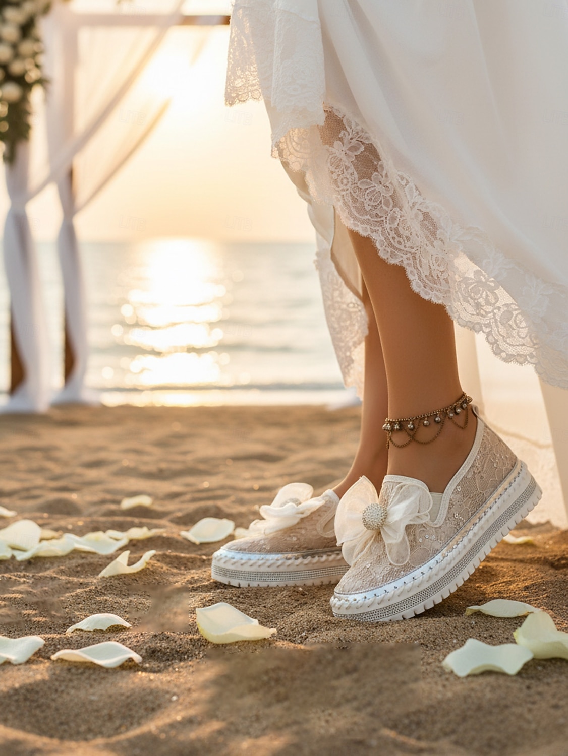 damskie koronkowe wsuwane trampki ślubne - codzienne buty ślubne na plażę z ozdobą w postaci kokardy &wygodna podeszwa na platformie, idealna na ceremonie nad morzem 2026 - $42.99 –P3