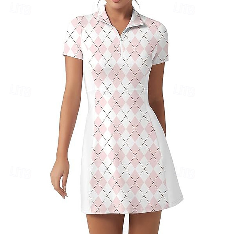 Damskie Kolorowy blok Sukienka do tenisa Sukienka sportowa Szybkie wysychanie Elastyczny Oddychający Bransoletka tenisowa Obuwie sportowe Bieganie Kołnierz zapinany na zamek Sukienka Czarny Biały 2026 - $27.99 –P7