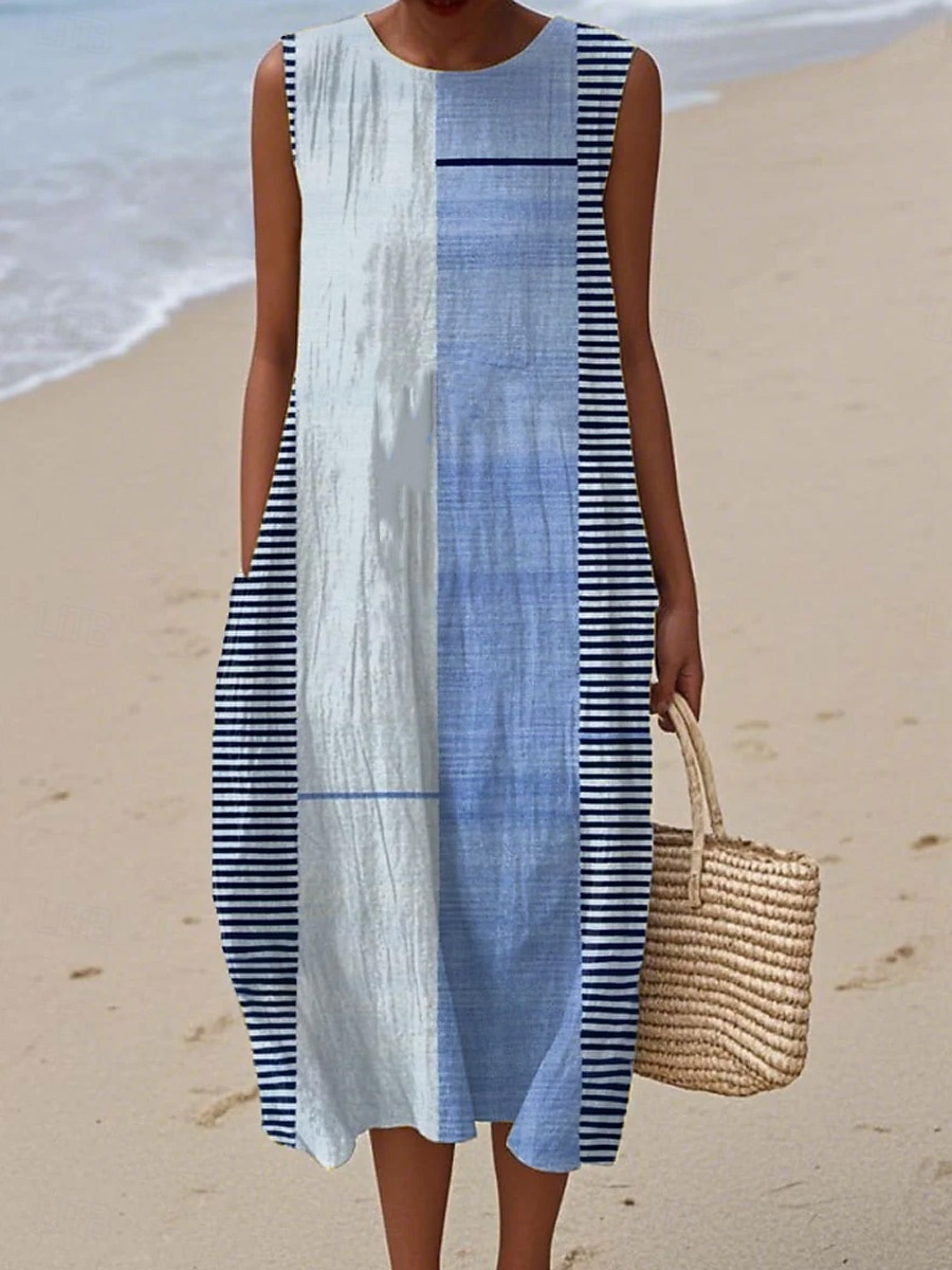 Midi sukienka lniana sukienka wakacyjna sukienka typu shift w kształcie litery A wakacyjna casualowa boho na plażę na wyjście luźna graficzna geometryczna bez rękawów okrągły dekolt niebieska biała 2026 - $39.99 –P2