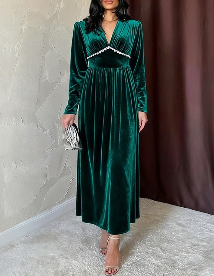Women's Velvet Green Fall Winter Maxi Dress Pleated Dress Birthday Formal  Regular Fit V Neck 2026 - AU $70.89
