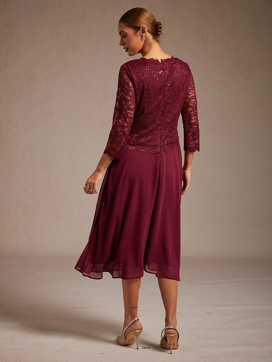 Dame Midikjole Kjole med A-linje Elegant Aftenselskap Bryllupsgjest Blonde Normal Helfarge 3/4 ermer Crew-hals Vin 2026 - $20.49 –P2