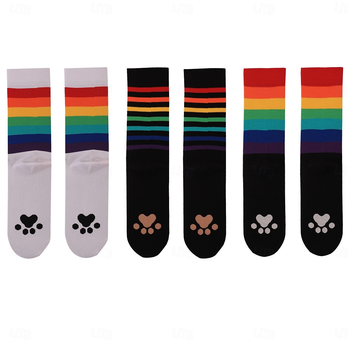 Ponožky do poloviny lýtek s duhovými pruhy a pohlcujícím pot, odolné proti zápachu a potiskem zvířecích tlapek, unisex, pohodlné bavlněné ponožky pro muže i ženy na běžné nošení 2026 - $7.49 –P3