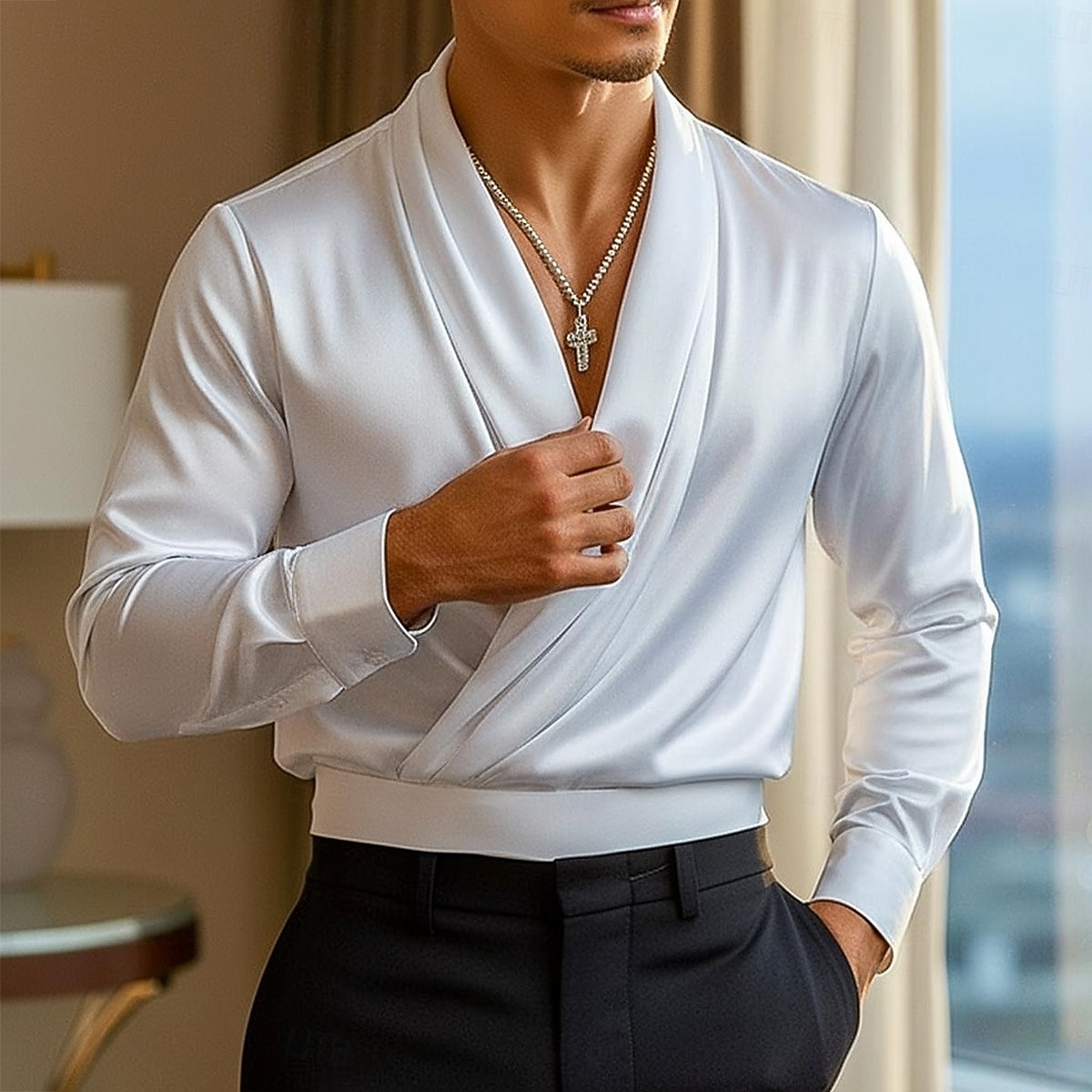 Herren Hemd Seidenartig Satinhemd Kleidhemd Freizeithemd Abschlussballhemd Einfach Formell Hochzeit Schwarz Weiß Langarm V Ausschnitt Ganzjahres Bekleidung 2026 - $25.99 –P2