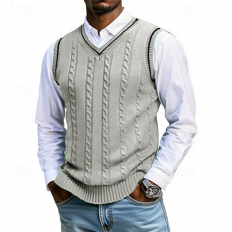 Муж. Свитер жилет Платье-свитер Пуловер Свитер Жилет Вязаный свитер Рельефный узор Вязать Обычные топы Трикотаж Пэчворк V-образный вырез Мода Уличный стиль Отпуск Бизнес Одежда Без рукавов Осень Зима 2026 - ₪103 –P5