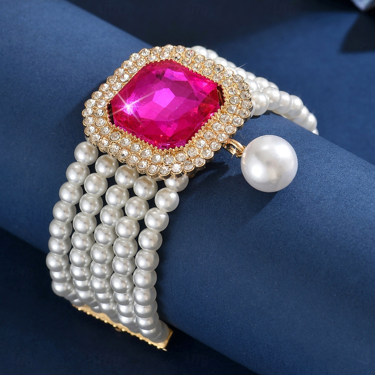 צמיד חרוזים פנינים לנשים עם קריסטל גדול - תכשיט יד אלגנטי משובץ אבני חן למסיבה, ערב ואירועי קוקטייל 2026 - $14.99 –P4