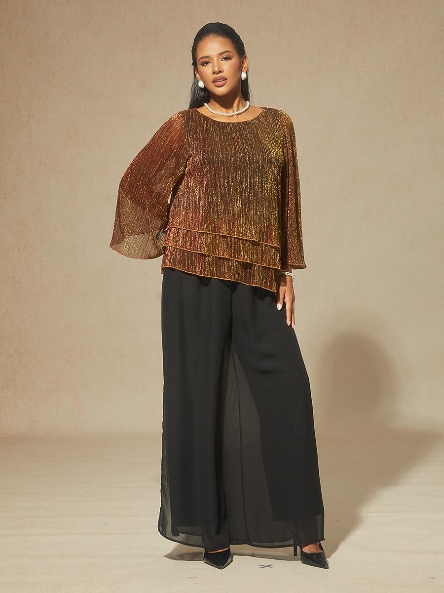 Dames Blouse Chiffon-topjes Kanten topjes Met ruches Schitteren Effen Kleur Elegant 3/4 mouw Strakke ronde hals Bruiloft gast Feestdagen Portofino Sinaasappel Zomer Lente Herfst 2026 - $59.99 –P3