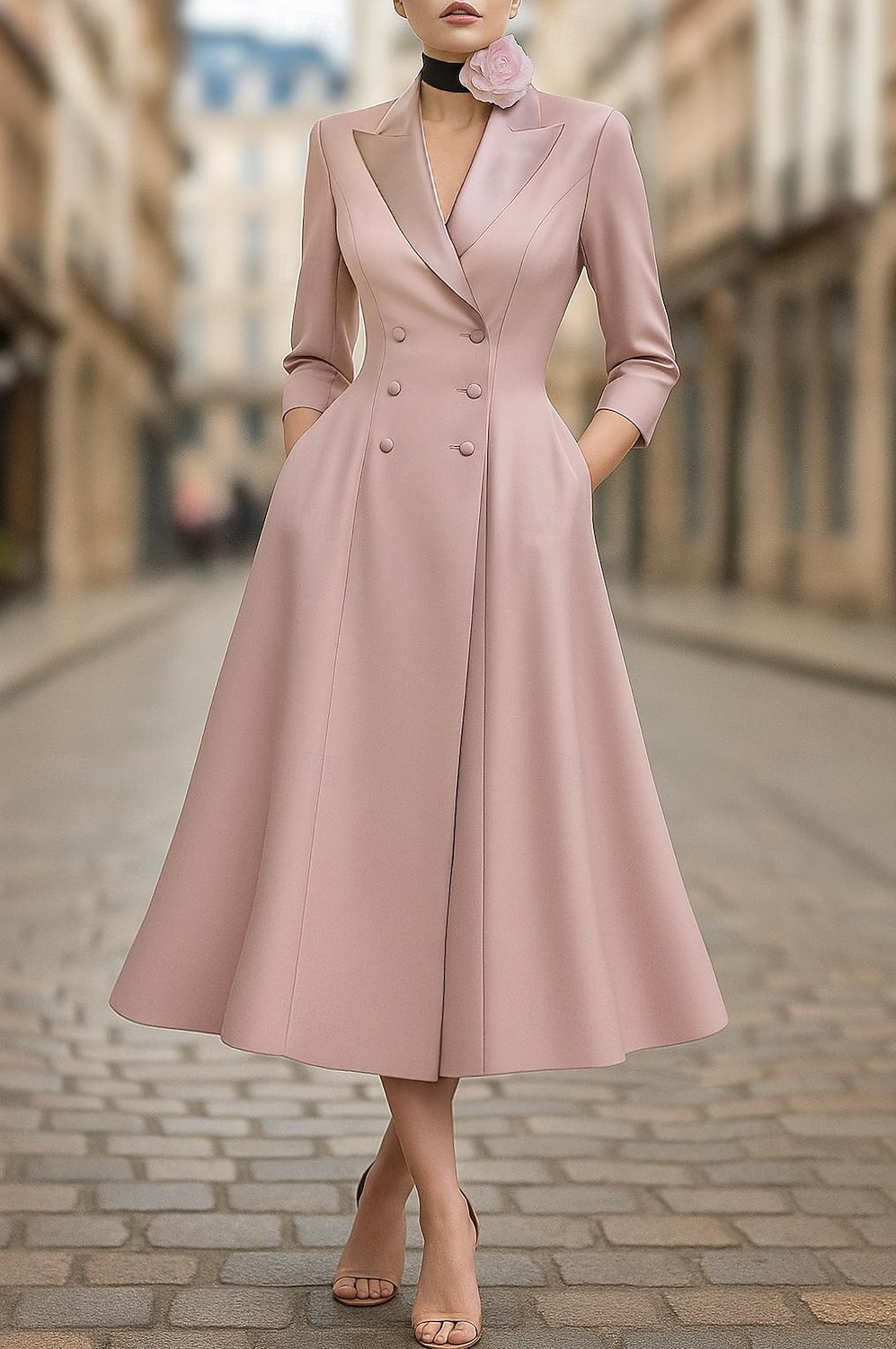 Dames Smokingjurk A-lijn Bruiloft Formeel Bruiloft gast Satijn 4-way stretchstof Elegant Smoking 3/4 Mouw Over de knie Punt Revers Dubbele rij knopen 2026 - $159.99 –P1