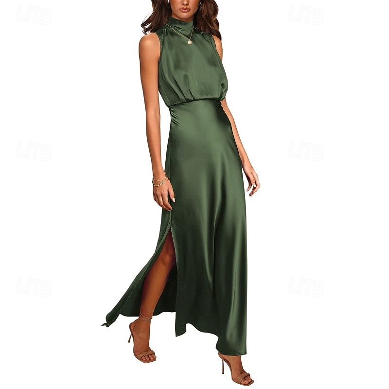 Mulheres Vestido Longo Vestido Maxi vestido de cetim Vestido de formatura Vestido de festa Elegante Moderno Festa de Noite Festa Ocasião Especial Normal Tecido Sem Manga Colarinho Chinês água azul de 2026 por $26.99 –P6