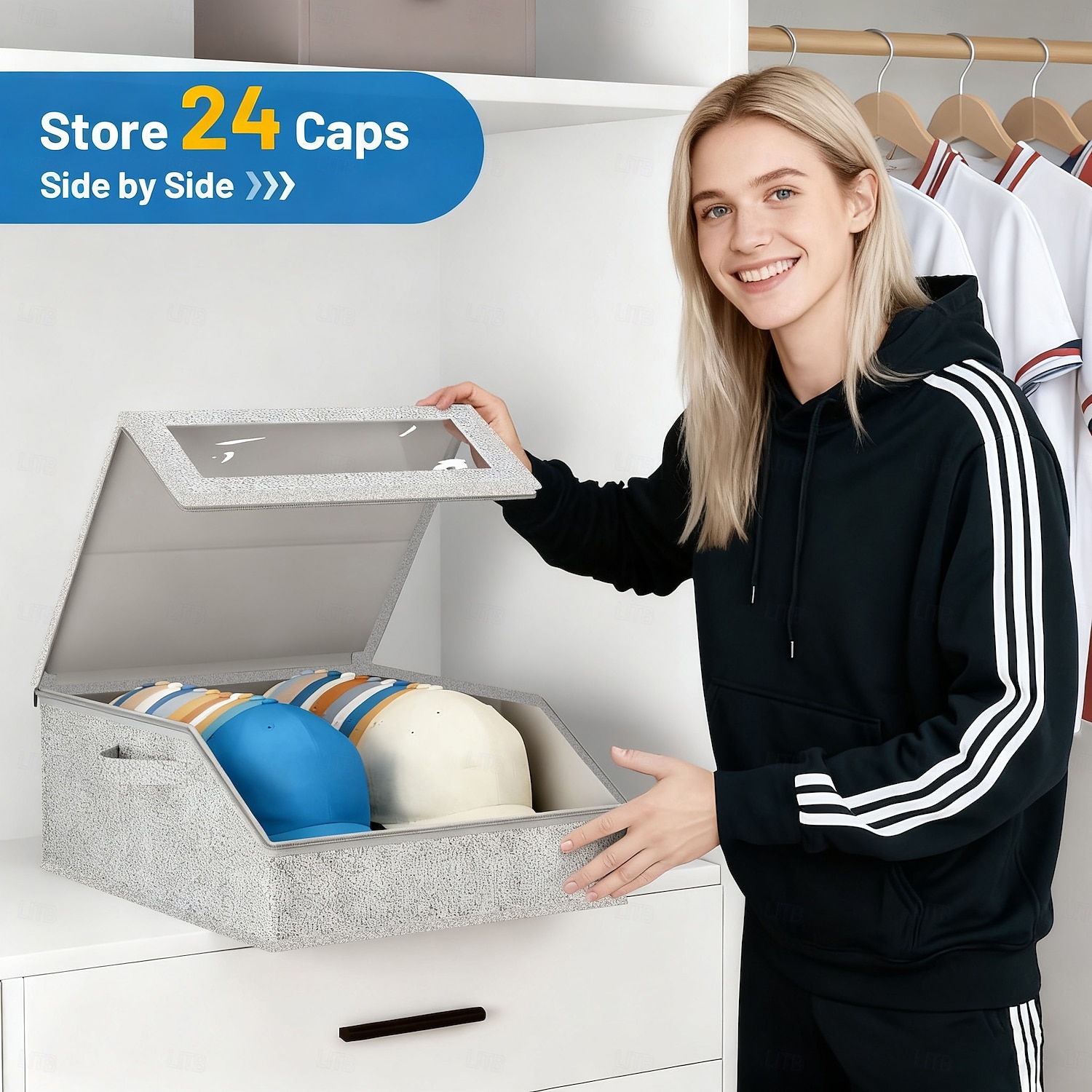 Cette boîte de rangement demi-large peut contenir 24 casquettes de baseball, des vêtements, des draps et des pantalons. Son couvercle transparent en PVC avec fermeture éclair la protège de la de 2026 ? $28.99 –P1