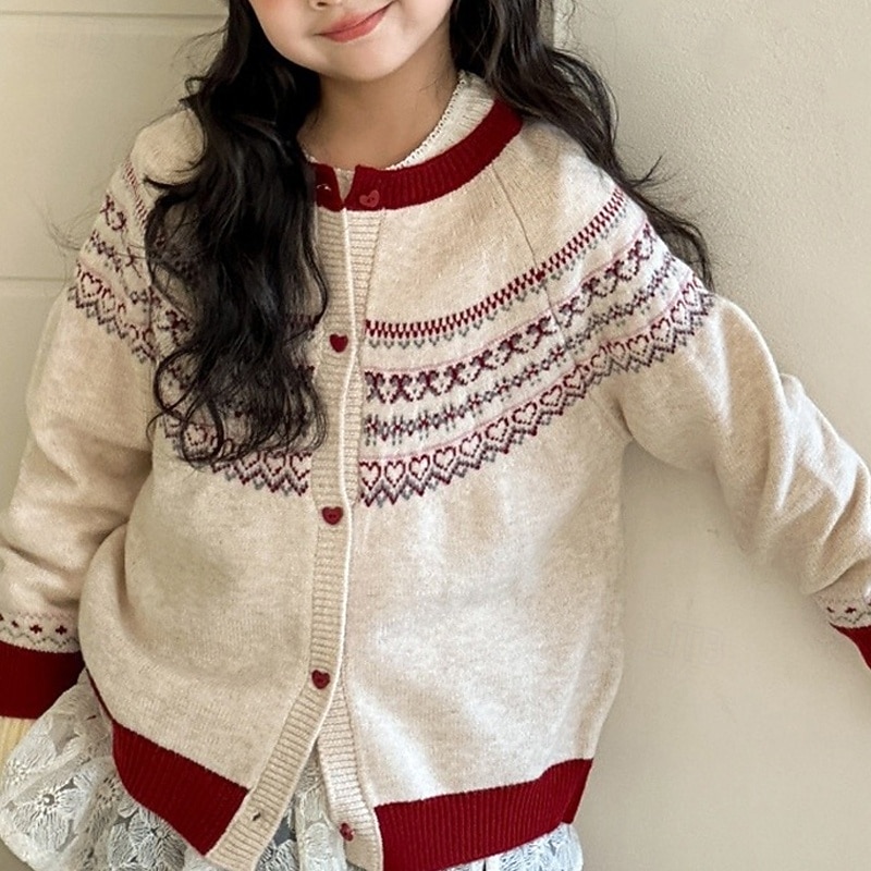 Kids Girls' Cardigan Sweater Heart Outdoor Long Sleeve Button Up Fashion 4-12 Years Fall Beige 2026 - $27.99 –P1