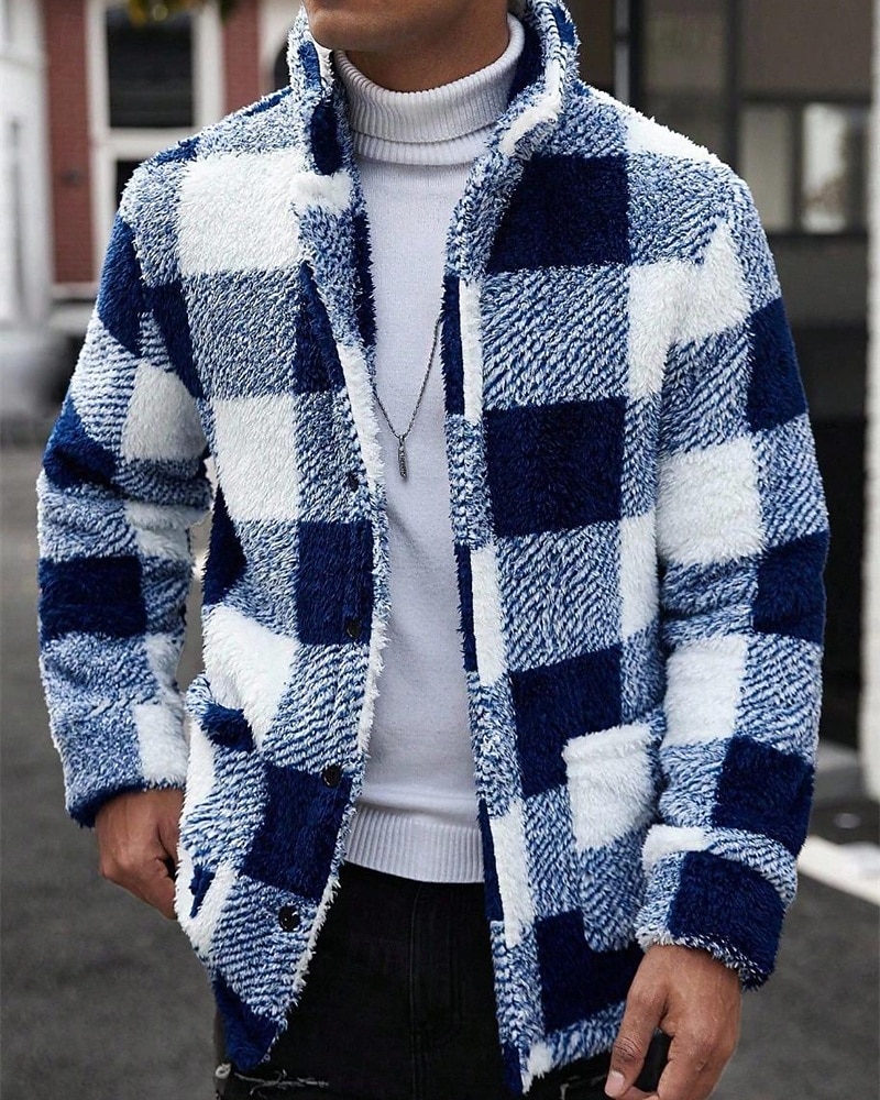 Муж. Толстовка Флисовая толстовка Флисовая жилетка Синий Хаки Воротник-стойка В клетку Карман Для занятий спортом Повседневные Праздники Полиэстер Уличный стиль Классический На каждый день Осень Зима 2026 - $50.99 –P8