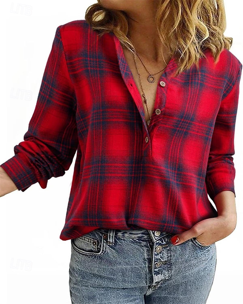 Femmes Chemisier Hauts Élégants Boutons Plaid Uni Élégant ancien Classique manche longue Col en V Hauts Réguliers Quotidien Travail Fête Noir Rouge bleu marine Vert Automne Hiver de 2026 ? $31.99 –P6