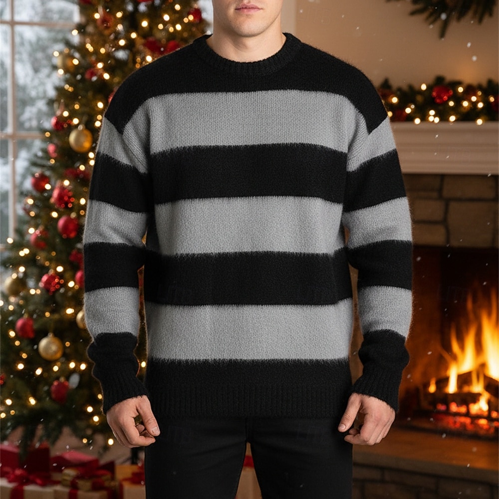 Herren Weihnachtspullover Pullover Strickpullover Gerippt Stricken Normale Oberteile Gestrickt Gestreift Rundhalsausschnitt Mode Basic Weihnachten Urlaub Bekleidung Herbst Winter Weiß Blau M L XL 2026 - $34.99 –P1