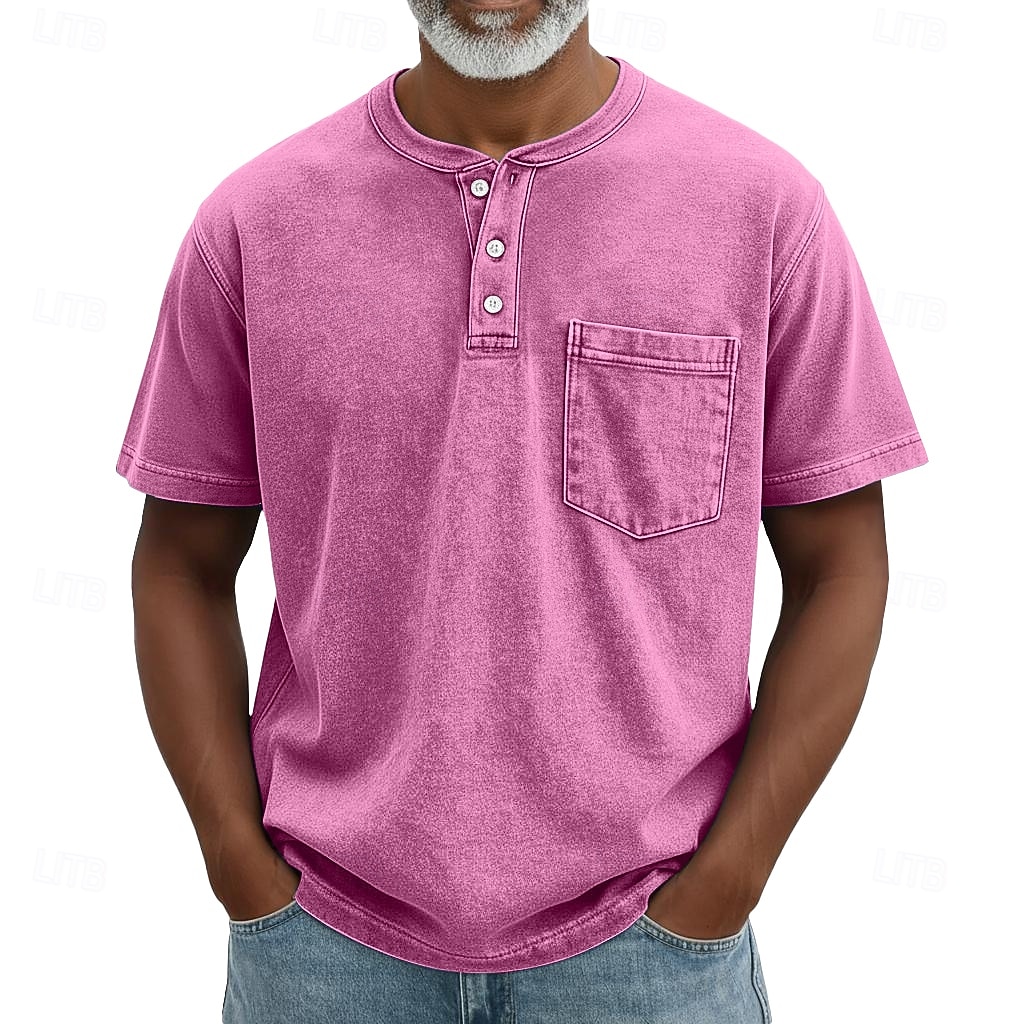 SoftFade™ Heren Henley Shirt 100% Katoen Acid Wash Shirt T shirt Tee Korte Mouw Retro Vintage Casual Button Up Zak Garment Dyed Zomer Lente Herfst Donkerbruin Zwart Roze Henley T-Shirt 2026 - $31.99 –P7