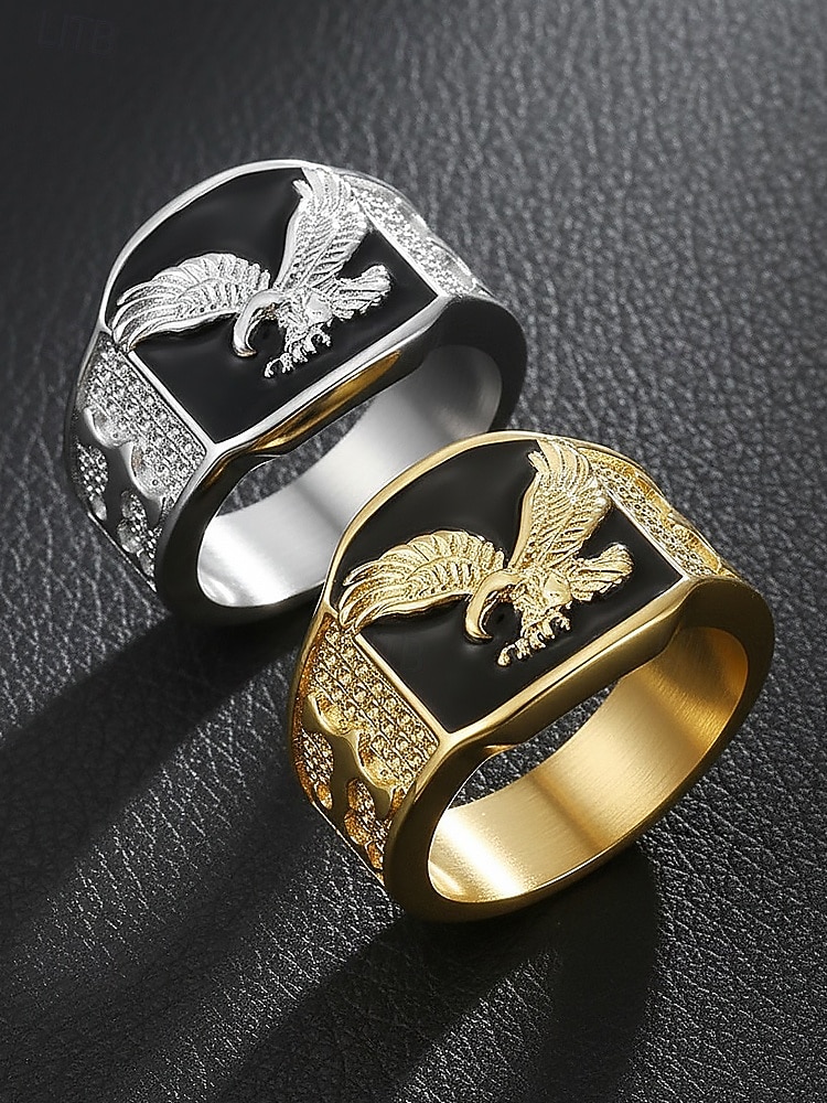 herenring van roestvrij staal met adelaarsmotief, zwart geëmailleerd ontwerp met gouden en zilveren afwerking, modieuze statementring, perfect voor casual of formele gelegenheden 2026 - $11.99 –P5