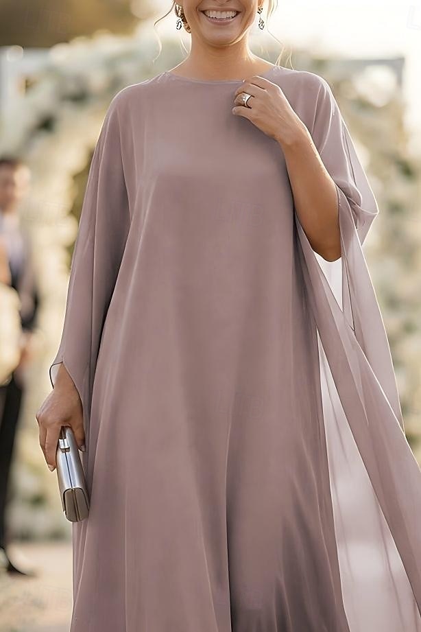 A-Linie Schlauchkleid Bodenlang Kleid für Hochzeitsgäste Abendkleid Brautmutterkleid Langarm U-Boot-Ausschnitt Elegant Formeller Abend Chiffon mit Einfarbig 2026 - $149.99 –P3