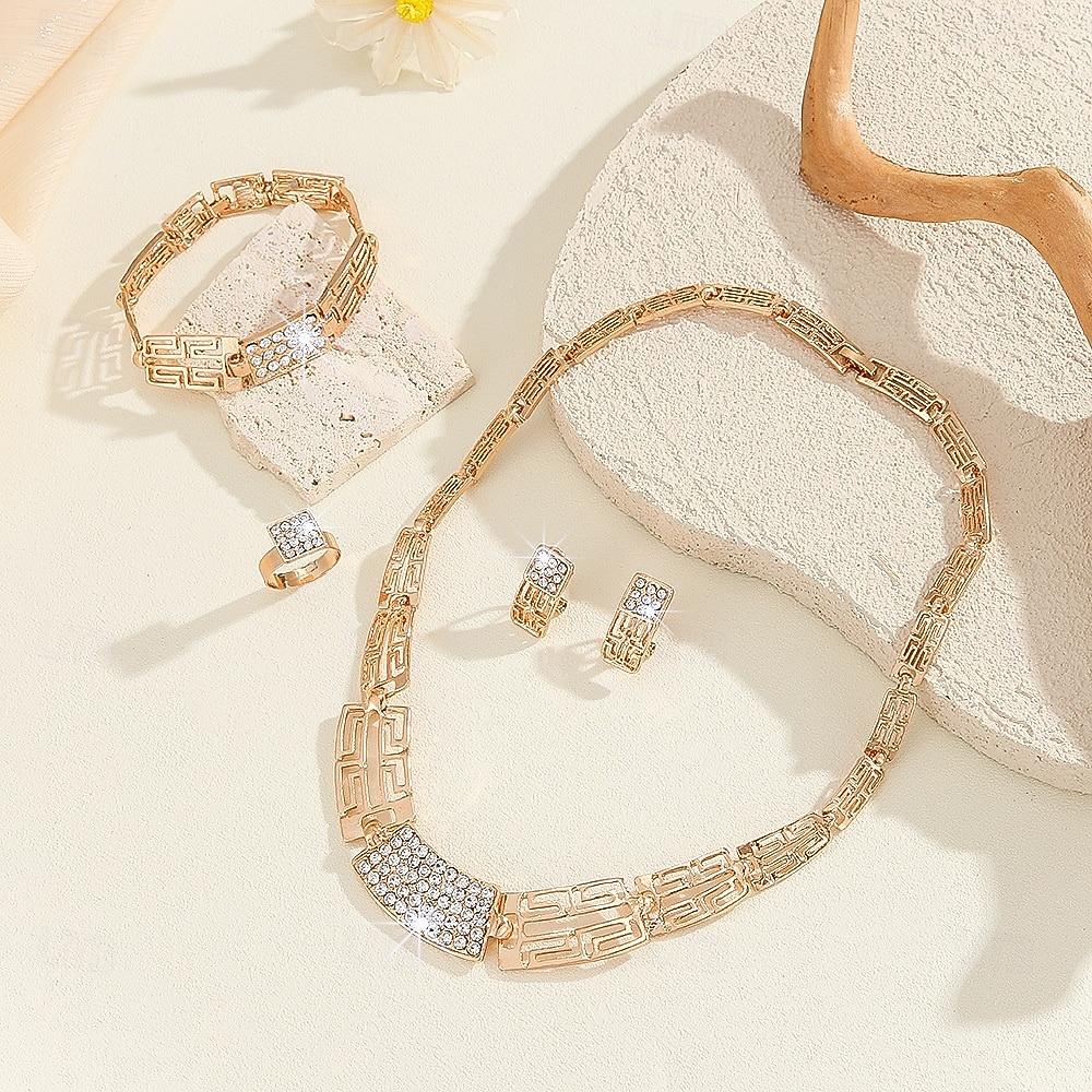 γυναικείο σετ κοσμημάτων 4 τεμαχίων επιχρυσωμένα με χρυσό - κολιέ, σκουλαρίκια, βραχιόλι με γεωμετρικά στρας &δαχτυλίδι, πολυτελή νυφικά αξεσουάρ για γάμους &εκδηλώσεις για πάρτι 2026 - $24.99 –P3