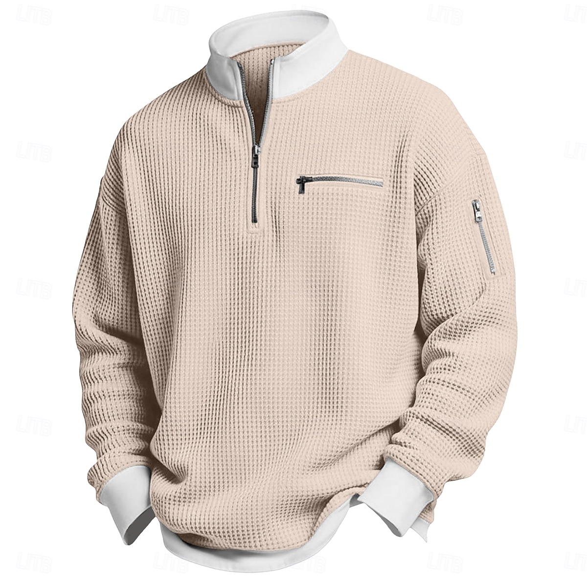 Herre Vaffel T-skjorte T skjorte Langermet Halv glidelås Vår Høst vinter Helfarge Tradisjonell / vintage Fritid Fargeblokk Lomme med glidelås utendørs Hjem Sport & Utendørs Lyseblå Rød Lilla Topp 2026 - $26.99 –P3