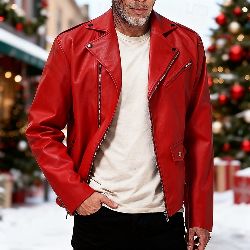 Муж. Кожаные куртки Байкерская куртка Мотоциклетная куртка Рождество Отпуск С защитой от ветра Сохраняет тепло Карман Осень Зима Полотняное плетение Мода Классика Лацкан Обычная Черный Красный Жакеты 2025 - $49.99 –P2