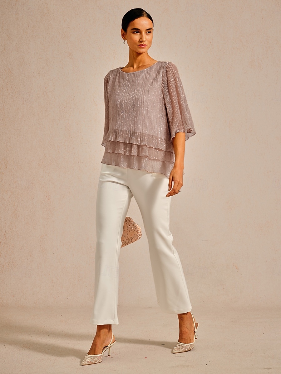 Dames Blouse Chiffon-topjes Kanten topjes Met ruches Schitteren Effen Kleur Elegant 3/4 mouw Strakke ronde hals Bruiloft gast Feestdagen Blozend Roze Zomer Lente Herfst 2026 - $59.99 –P10