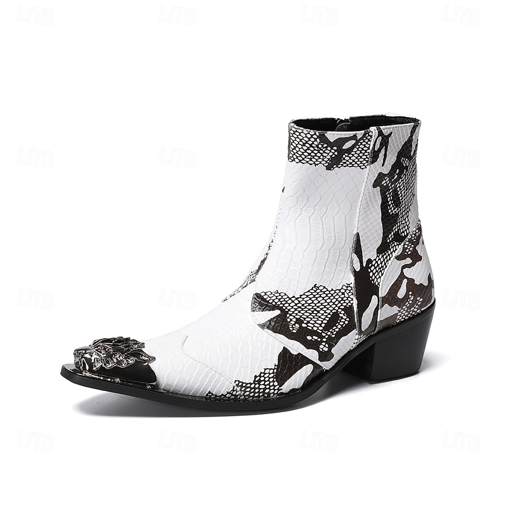 Botas masculinas em couro legítimo preto e branco com estampa exclusiva - calçado moderno para homens antenados em moda e para ocasiões casuais. de 2026 por $159.99 –P3