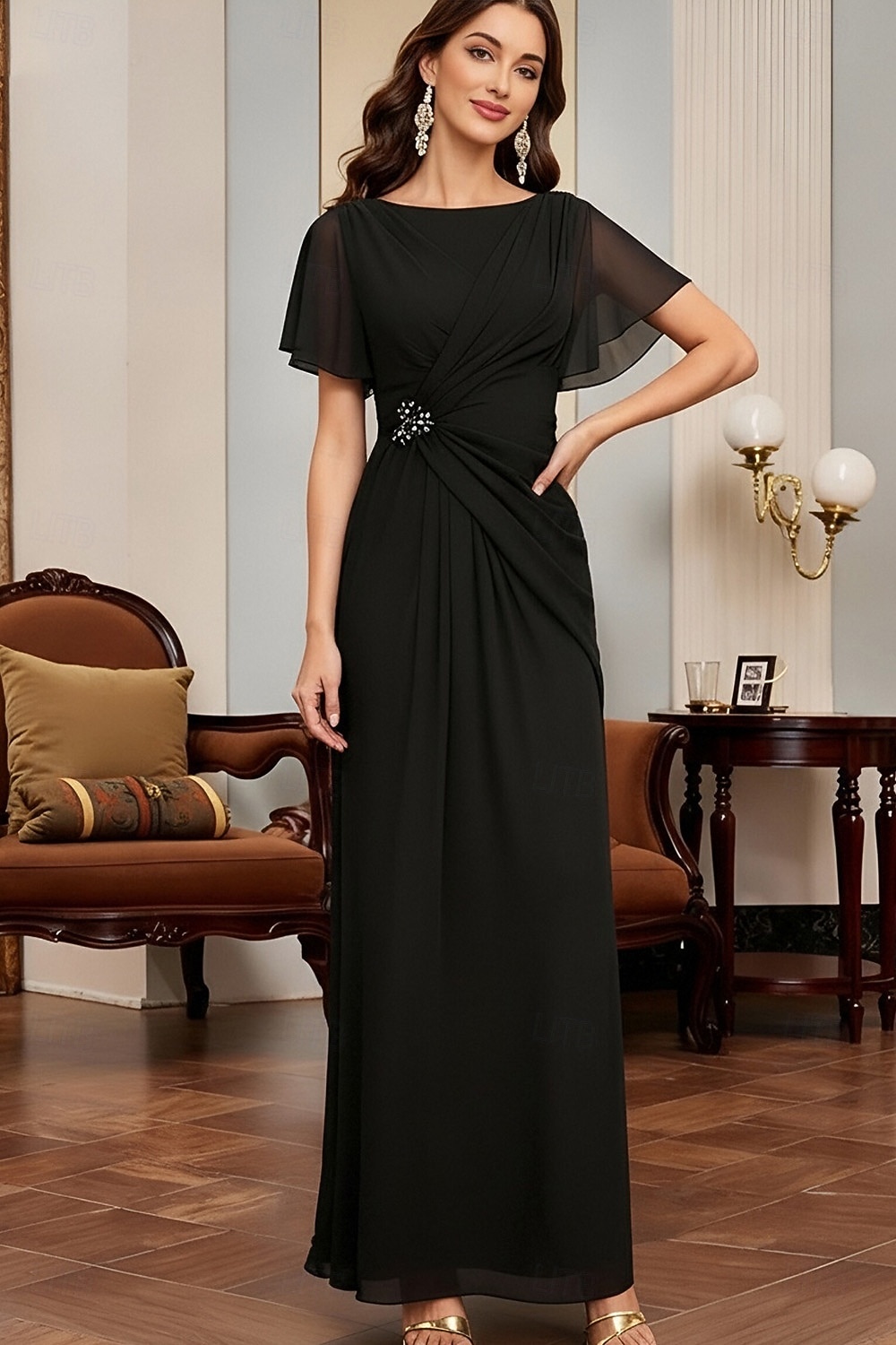A-Line Ankle Length Party Dress Cocktail Dress Wedding Guest Dress Mother of the Bride Dress Short Sleeve Crew Neck Elegant Minimalist Formal Wedding Guest Chiffon with Ruched Crystals Solid Color 2026 - $160.99 –P1
