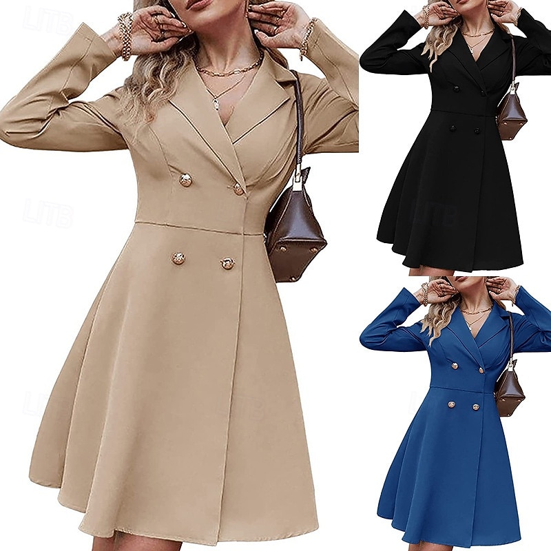 Women's Midi Dress Blazer Dress Fashion Modern Daily Office Vacation Regular Fit Plain Long Sleeve Deep U Shirt Collar Blue Black Camel Spring Fall Winter 2026 - $35.99 –P1