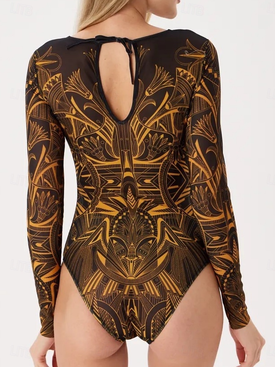 Dámský jednodelný plavkový úbor zeštíhlující sexy výřez Boho monokiny kontrola břicha vysoký pas štíhlé bez zad dovolená módní grafický geometrický kulatý výstřih dlouhý rukáv bez rukávů 2026 - $33.99 –P11