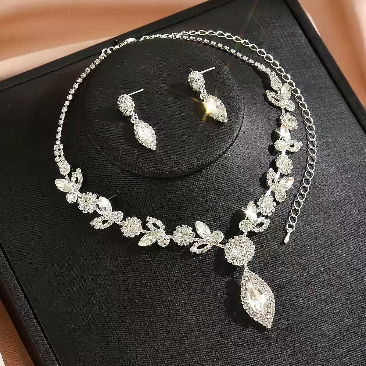 set di collana e orecchini da sposa in cristallo da donna - gioielli da sposa con design a foglia di strass scintillanti per le spose &occasioni di festa del 2026 a $11.99 –P4