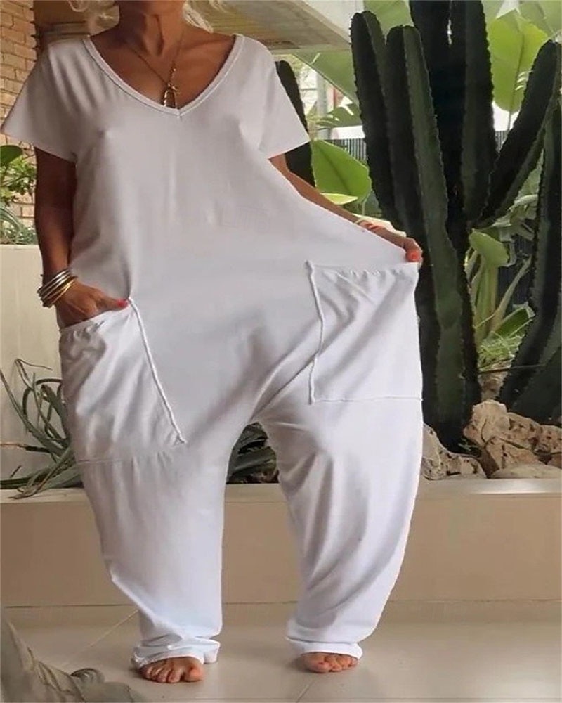 Dámské Běžný Kombinéza Elegantní Pevná barva Krátký rukáv Rovné Do V Slátanina Kapsy Dovolená Domů Běžný Vodní modrá Bílá Žlutá Léto 2026 - $28.99 –P1