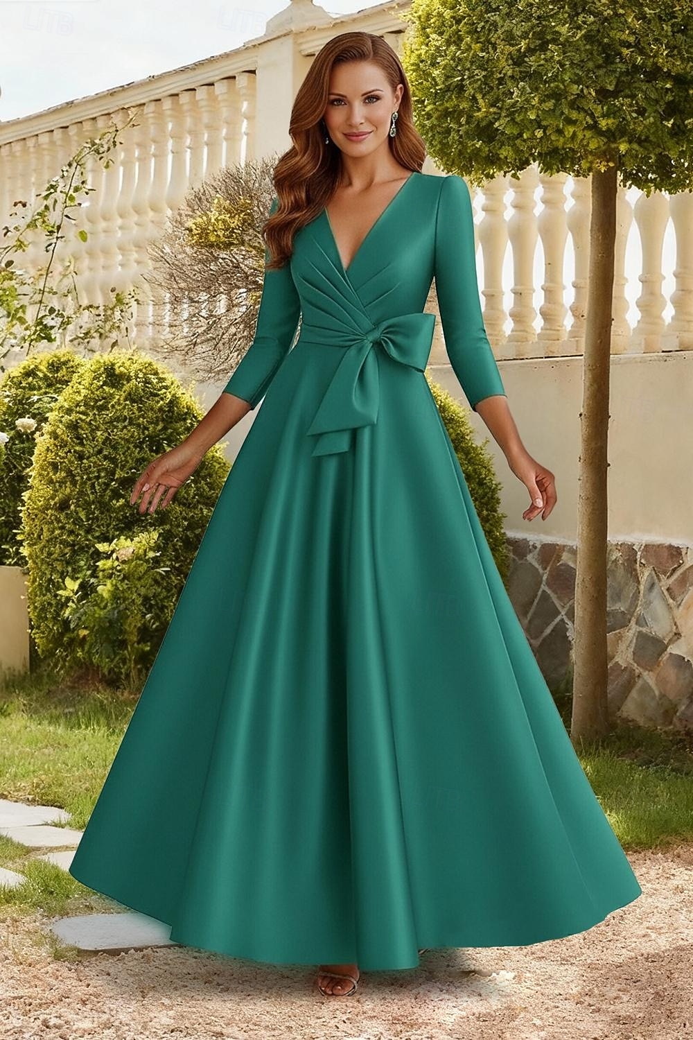 A-Line Floor Length Prom Dress Party Dress Cocktail Dress Mother of the  Bride Dress 3/4 Length Sleeve V Neck Elegant Formal Holiday Formal Evening  Stretch Satin with Bow(s) 2026 - 164.99