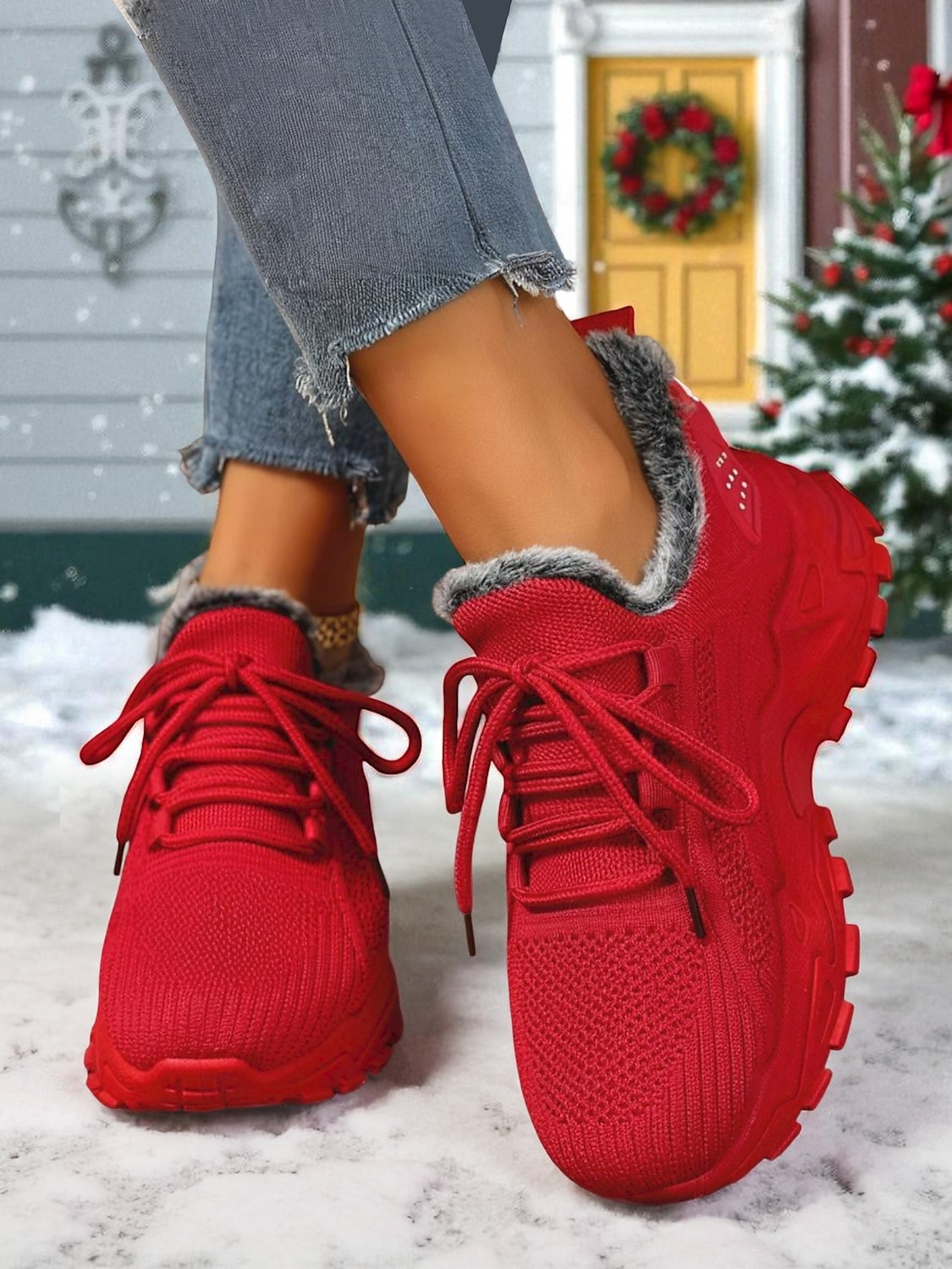 Damskie czerwone trampki z podszewką z polaru - ciepłe, dzianinowe buty codzienne z antypoślizgową podeszwą, wygodne obuwie świąteczne na zimowe spacery i podróże 2026 - $26.99 –P3