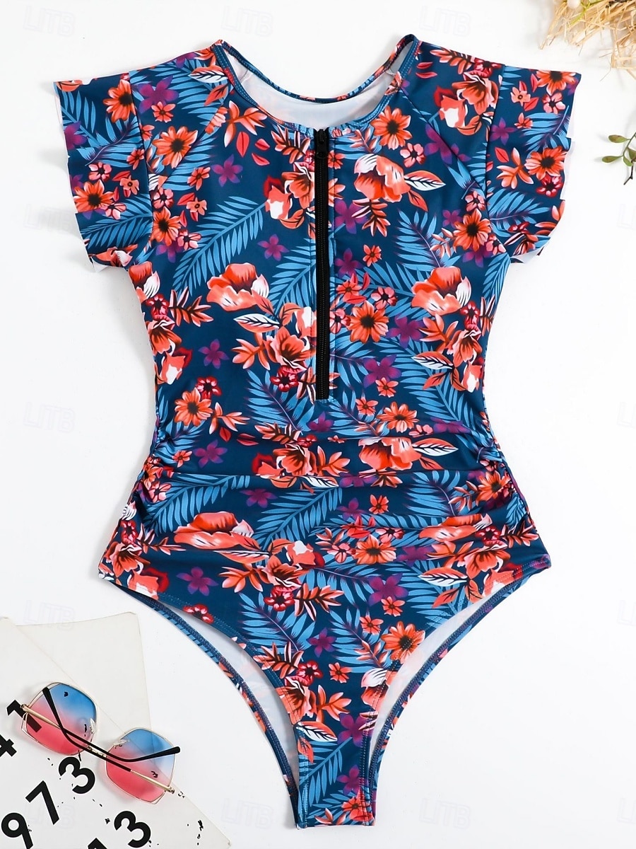 Dámské jedndílné plavky zeštíhlující zip přední palm monokini kontrola břicha vysoký pas slim dovolená plážové oblečení květinové listy kulatý výstřih krátké rukávy plavky 2026 - $26.99 –P14