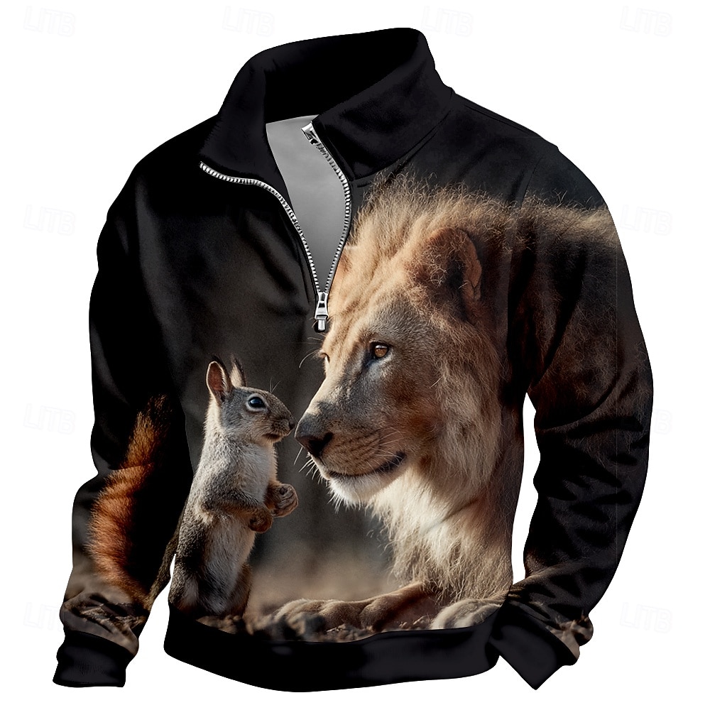 Herren Löwe Pullover 3D Jagd Stehkragen Outdoor Arbeit Geschenk Schwarz Grau Reißverschluss Herbst Winter Designer S M L XL XXL XXXL 2026 - $28.99 –P1