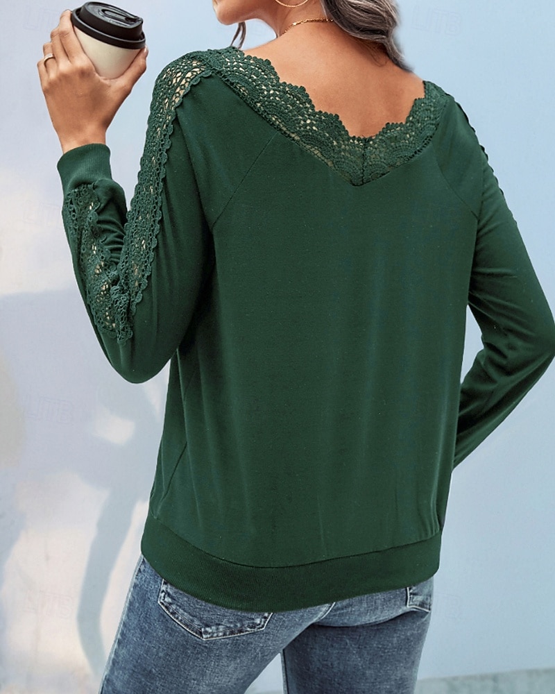 Femmes Chemisier Dentelle Patchwork Uni Actif Occasionnel manche longue Col en V Hauts Réguliers Quotidien Fête Sortir Vert Emeraude Gris foncé Été Automne de 2026 ? $28.99 –P6