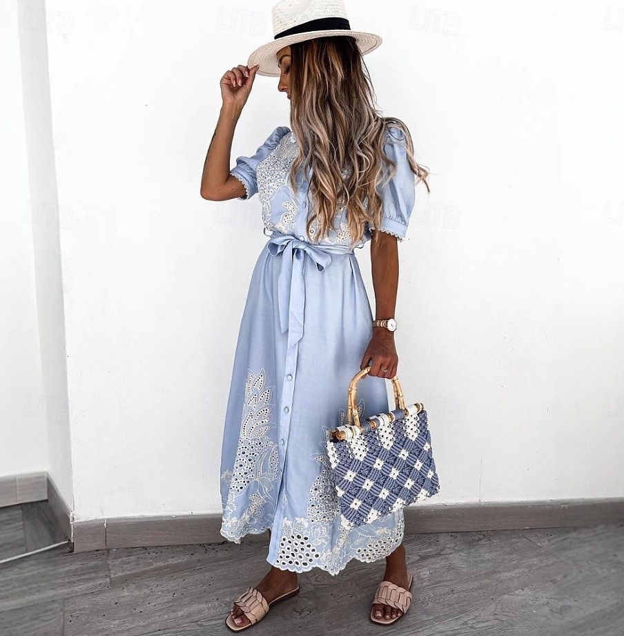 Damen Midikleid Sommerkleid Urlaub Lässig Boho Ausgehen Normale Passform Blumen Kurzarm Umlegekragen Blau Weiß Weiß Sommer Frühling 2026 - $45.99 –P3
