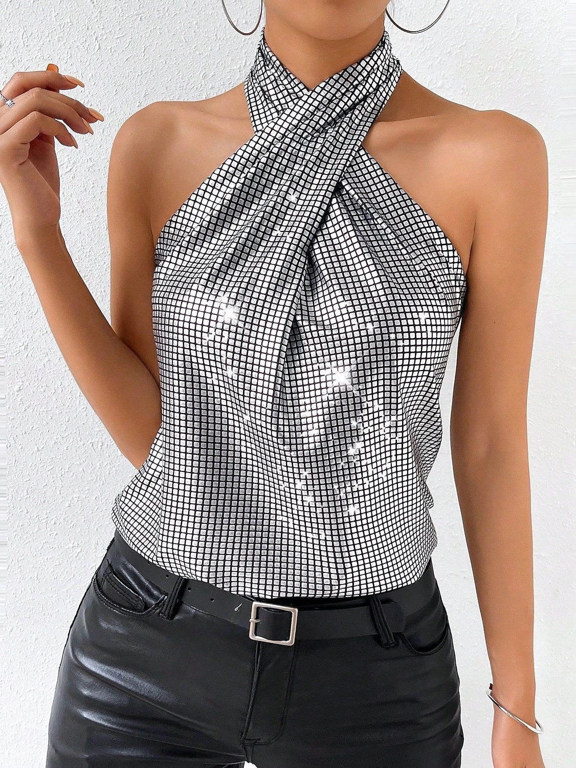 Femmes Débardeur caraco Paillettes Couleur Unie Élégant Occasionnel Sans manches Col Halter Hauts Réguliers Quotidien Fête Argent Été Printemps de 2026 ? $21.99 –P6