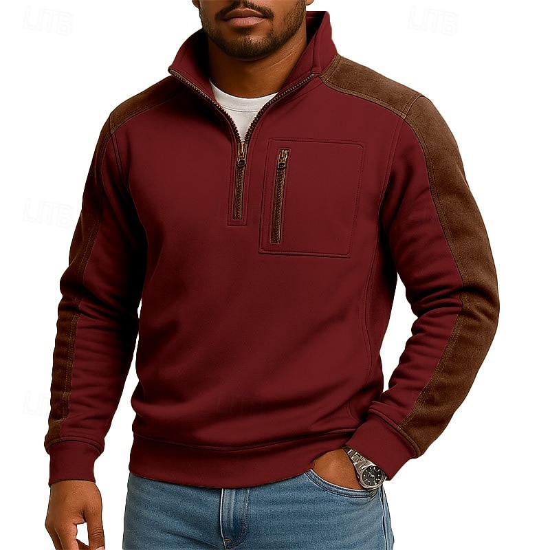 Men's Sweatshirt Pullover Quarter Zip Sweatshirt Black Burgundy Green Khaki Standing Collar Plain Patchwork Pocket Color Block Sports & Outdoor Casual Daily Vintage Streetwear Sportswear Spring 2026 - $34.99 –P2