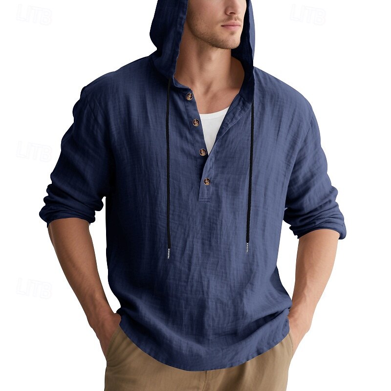 Men's Shirt Popover Shirt Summer Shirt Casual Shirt Beach Shirt Black White Yellow Navy Blue khaki Long Sleeve Solid Color Hooded Vacation Casual Drawstring Clothing Apparel Fashion Casual Comfortable 2026 - $28.99 –P7