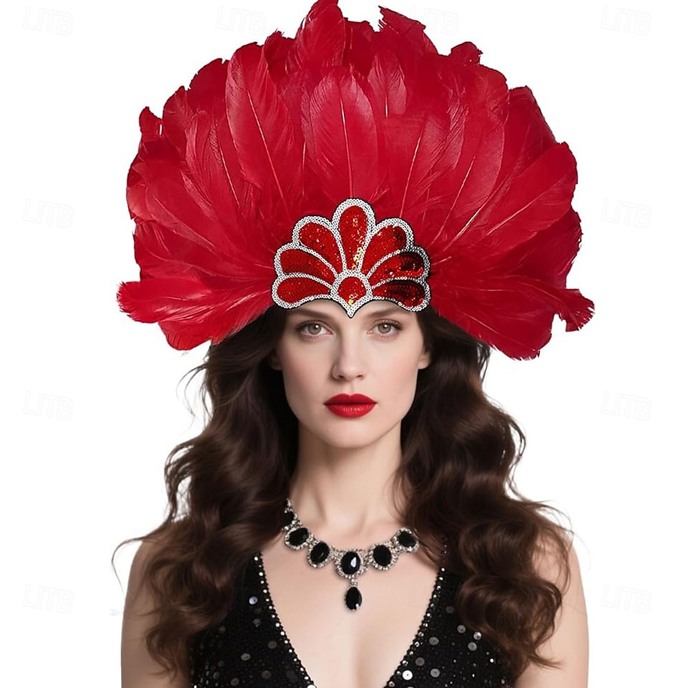 Karnawał 2026 Rio Karnawał Akcesoria Samba Karnawałowa Tiara z Piór dla Kobiet - Czerwona Cekinowa Tiara Tancerki - Akcesoria Do Tańca na Festiwal Mardi Gras Kostium na Festiwal Brazylia 2026 - $12.99 –P1